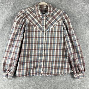 ANA Western Flannel Shirt Womens Medium Plaid Puff Sleeve Pearl Snap Rodeo